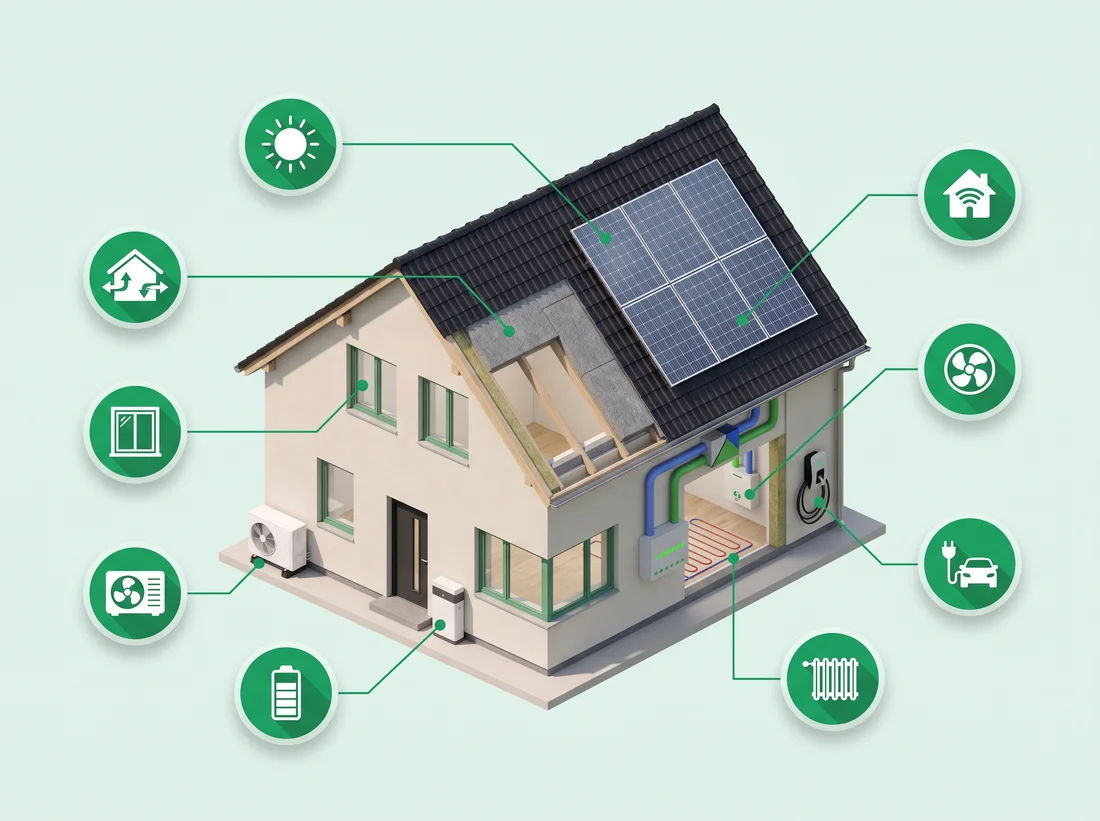 Schéma energeticky úsporného domu jako celku: fotovoltaika, tepelné čerpadlo, zateplení, větrání, baterie a dobíjení elektromobilu