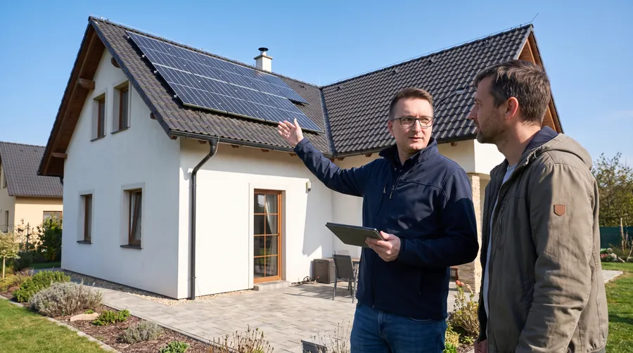 Fotovoltaické panely pod modrou oblohou